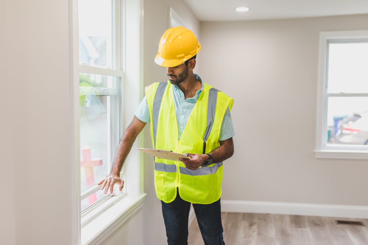 hero-img-02 Real estate agent inspecting window indoors, wearing safety vest and hard hat, ensuring home safety.